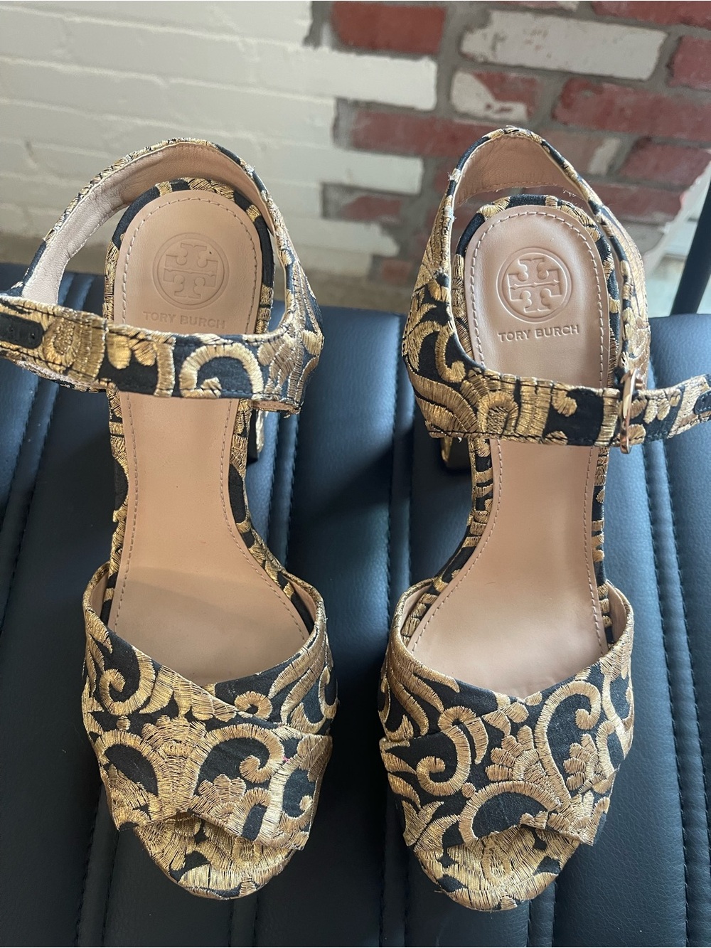 Dolce & Gabbana Black and Gold Embroidered Block Heel Sandals